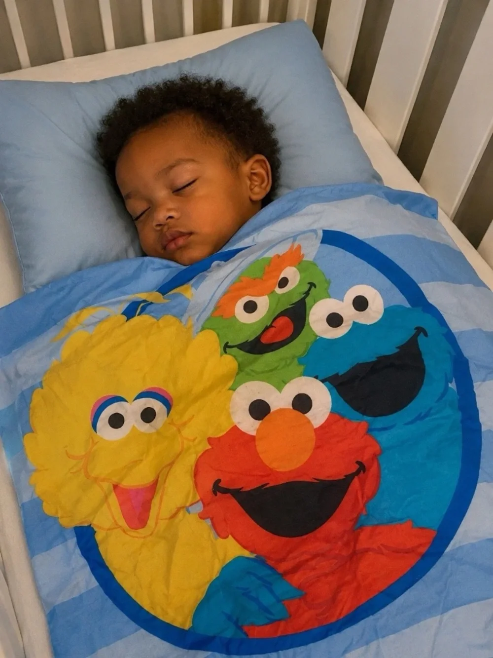 Sesame Street Elmo Cookie Monster Big Bird Oscar Blue Striped Comforter 42x57